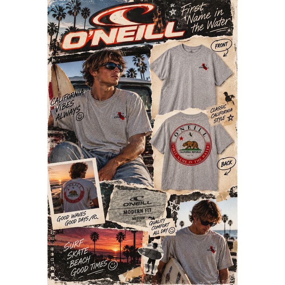 O'Neill California Republic Bear Graphic Tee Mens Medium Heather Gray Modern Fit